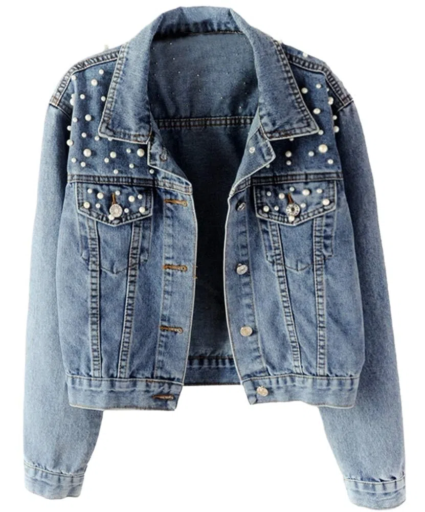 Giacca in Denim con Perle da Donna Giacca in Denim Vintage da Donna Giacca in Denim Elasticizzato con Maniche Lunghe e Tasca Giacca in Denim con Perline e Diamanti