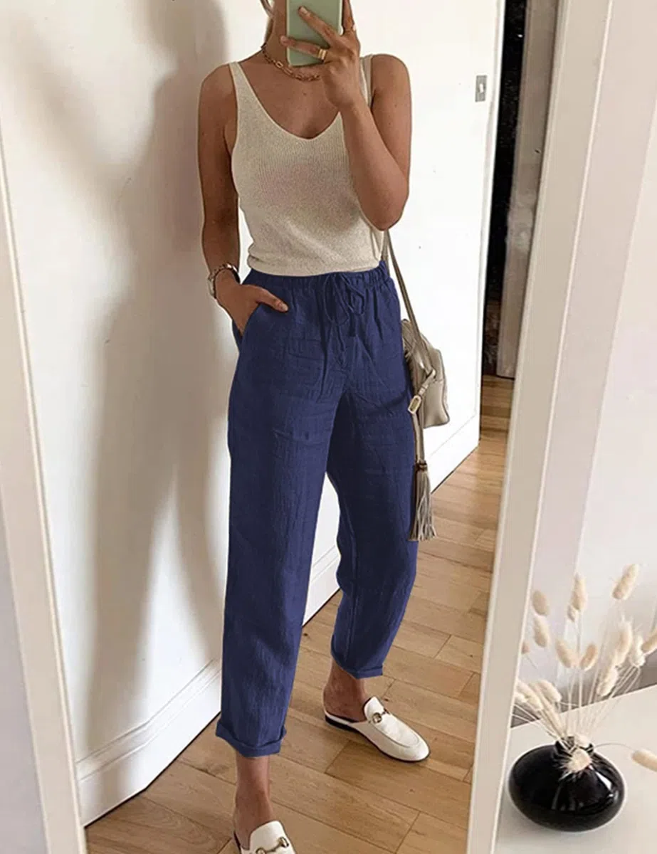 Yuson Donna Pantaloni Tinta Unita Casual con Coulisse Pants in Cotone e Lino con Tasche
