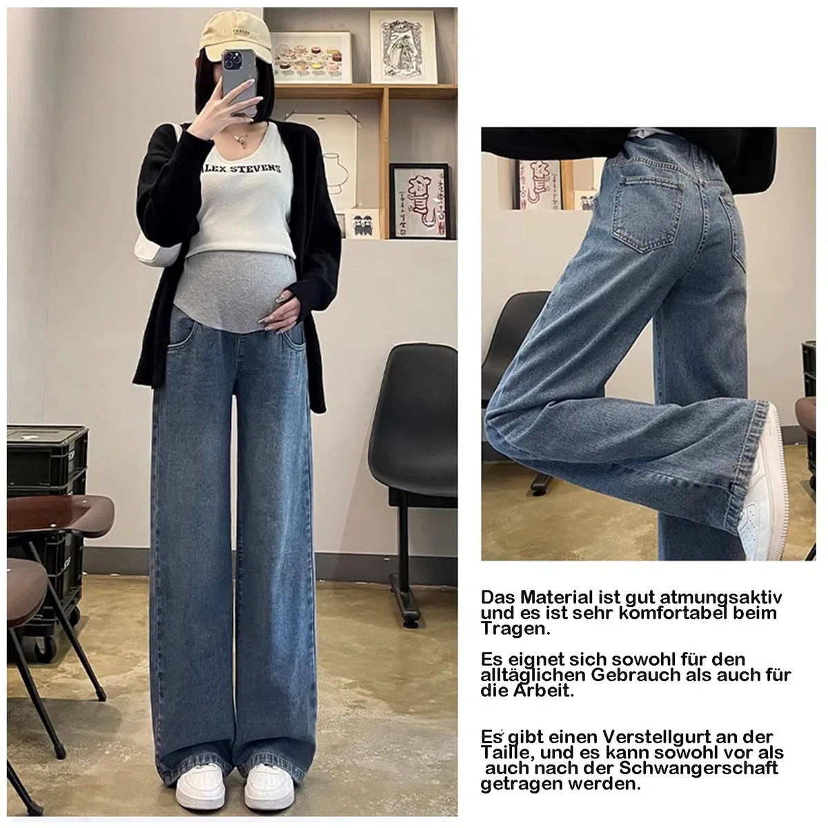 Jeans da donna incinta con design a gamba larga, cintura regolabile e tasche su entrambi i lati, eleganti ed eleganti, pratici per tutti i giorni e il lavoro