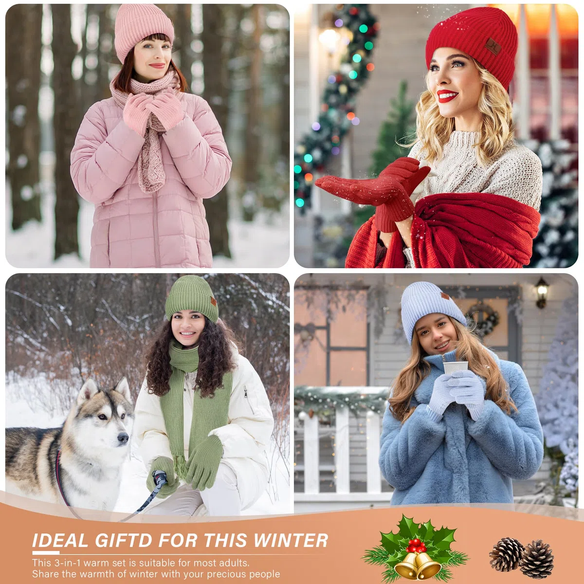 Invernale Termici Cappello Donna Guanti Touch Screen Sciarpa Set, Berretto Pile Doppio Lungo Sciarpe con Nappa