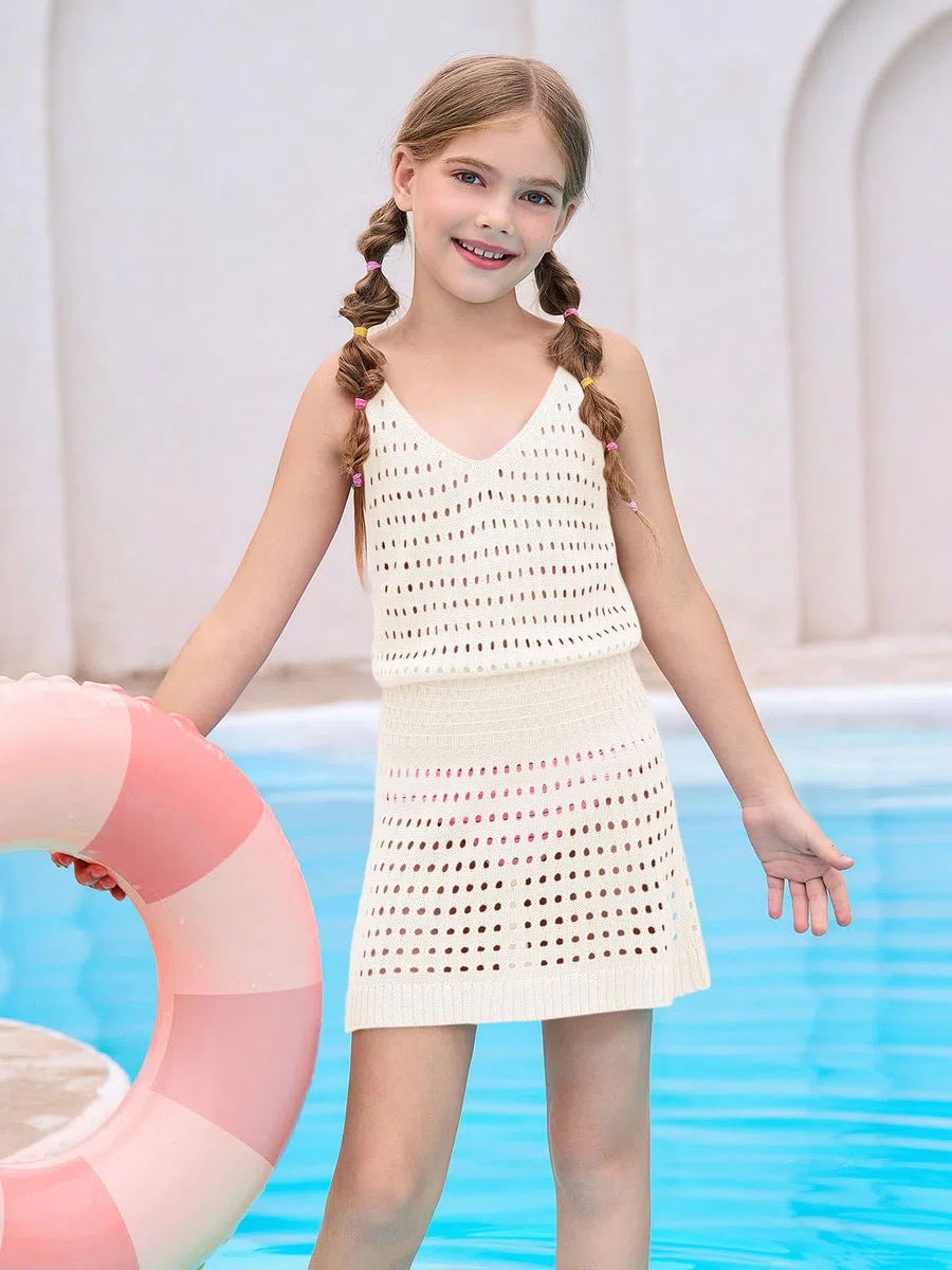 Haloumoning Costume da bagno da bambina senza maniche, lavorato a maglia, per l'estate, 7-14 anni