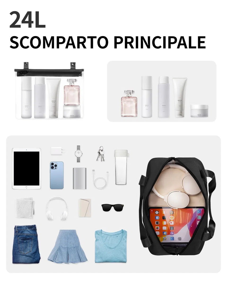 EHOHUB Borsa da Viaggio Pieghevole, Borsone da Viaggio Resistente All'acqua 40x30x20 Per Donna e Uomo, Bagaglio a Mano per Ryanair con Tasca Bagnata per Aereo, Palestra, Weekend, Nero