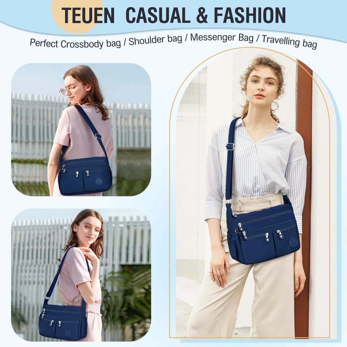 TEUEN Borsa Tracolla Donna Media Borse a Spalla Borsetta in Nylon Impermeabile Messaggero Borsa Crossbody di Grande Capacità con Multitasche per Lavoro Sportiva Scuola Viaggio