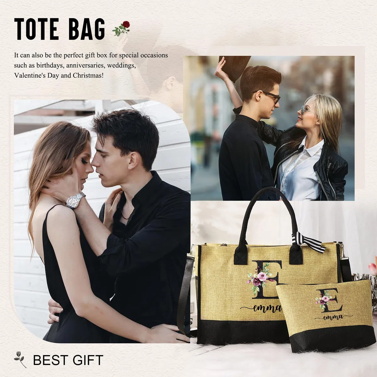 jewelora Borsa Mare Donna Tote Bag Personalizzata con Nome per Mamma Insegnante Fidanzata Damigelle Borsa da Viaggio Grande Shopper Bag Donna per Matrimonio Viaggio Spiaggia Vacanza