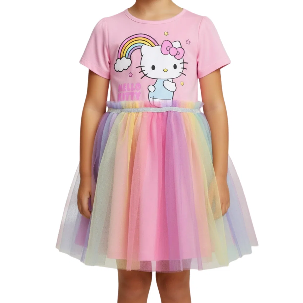 Hello Kitty Vestito da Ragazze, Abito con Stampa Arcobaleno Maniche Corte e Gonna a tutù, Taglie 4 a 10 Anni