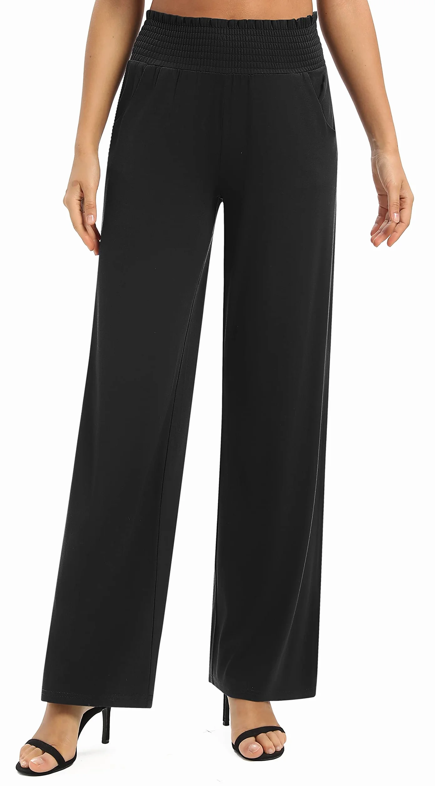 Donna Solido Sciolto Gamba Dritta Palazzo Pantaloni A Vita Alta Elastico Casual Pantaloni con Tasche
