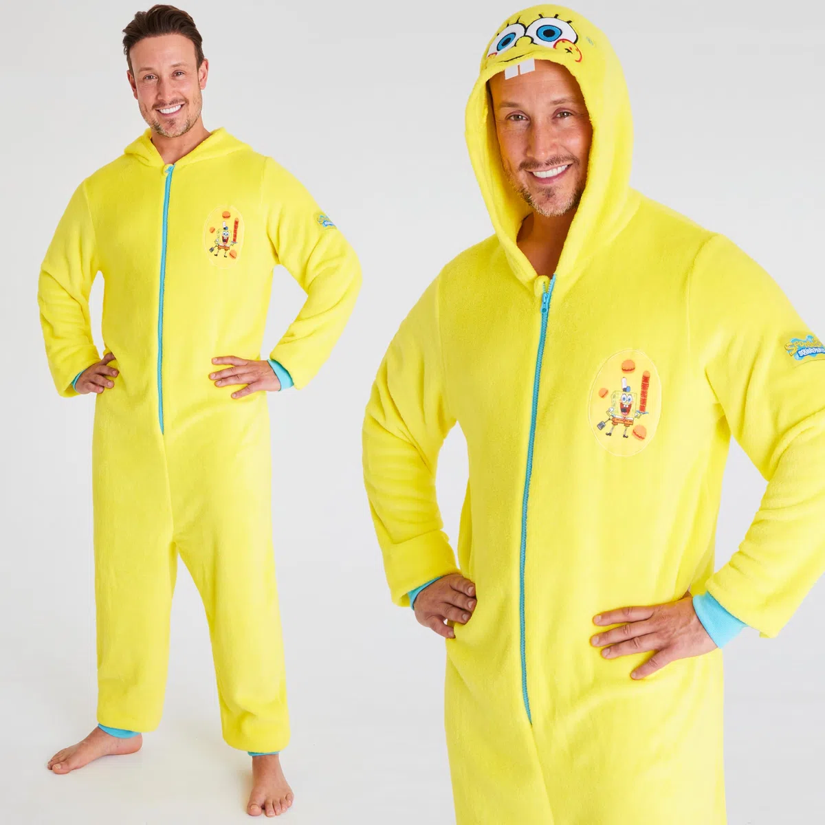 SPONGEBOB SQUAREPANTS Tuta Intera Uomo e Adolescenti S-3XL, Morbido Pile Pigiama Intero con Cappuccio, Regali per Lei