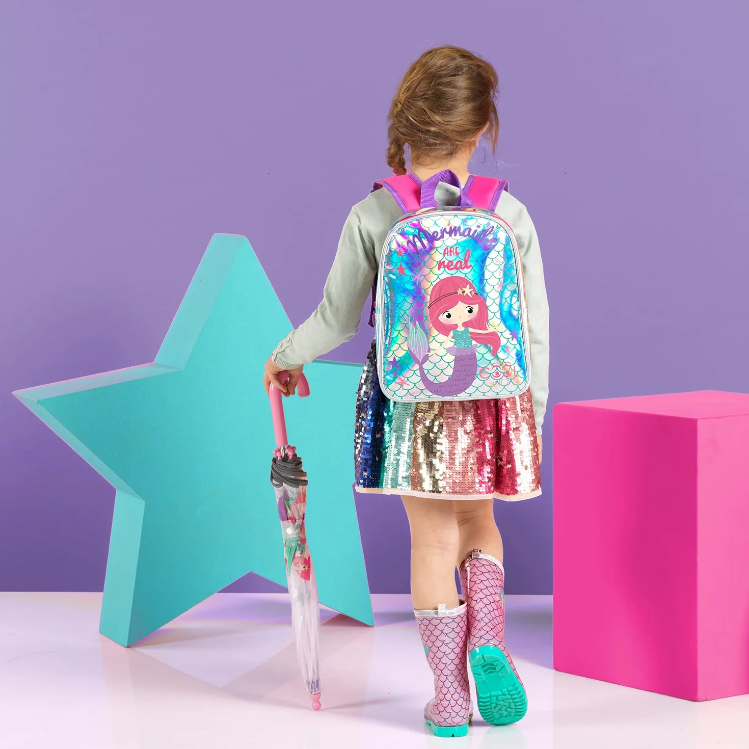 PERLETTI Borsa sportiva per bambini, ragazza, rosa o argento, borsa da viaggio e tempo libero a tracolla per ragazza, unicorno o sirena, borsa da palestra riflettente con stelle e paillettes, 28 x 41