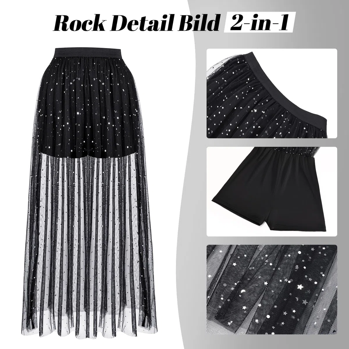 JasGood Gonna in tulle trasparente da donna 2 in 1, con pantaloncini, a vita alta, irregolare, per feste e clubwear