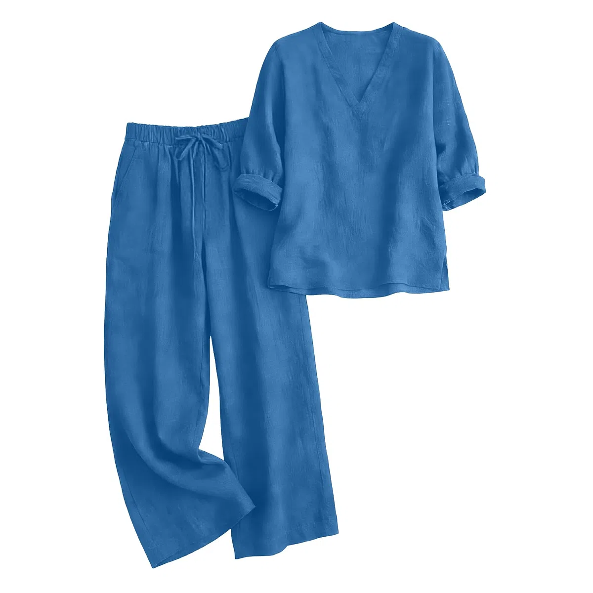 Generico Completo da Donna Lino 2 Pezzi Elegante con Manica Lunghe Camicia Pantaloni Lino Set Completo Donna Top e Pantaloni a Tinta Unita con Scollo a V Estivo Elegante Cerimonia Camicia Vacanze