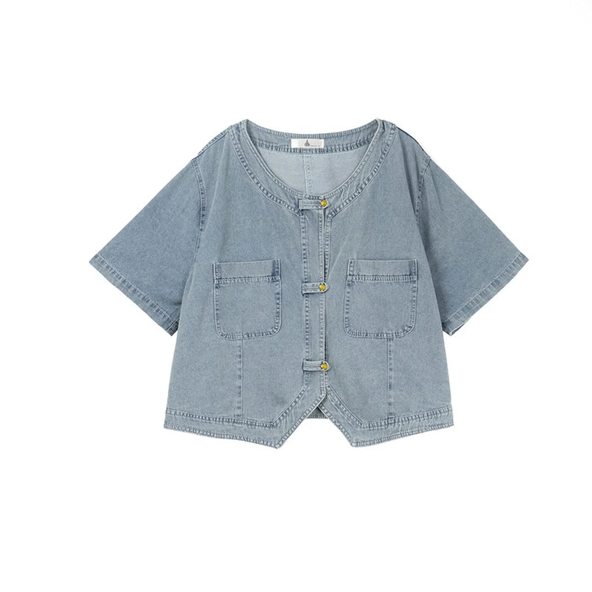 Giacca Estiva da Donna di Grandi Dimensioni Capispalla in Denim a Maniche Corte di Fascia Alta da Donna - Blu - 4XL