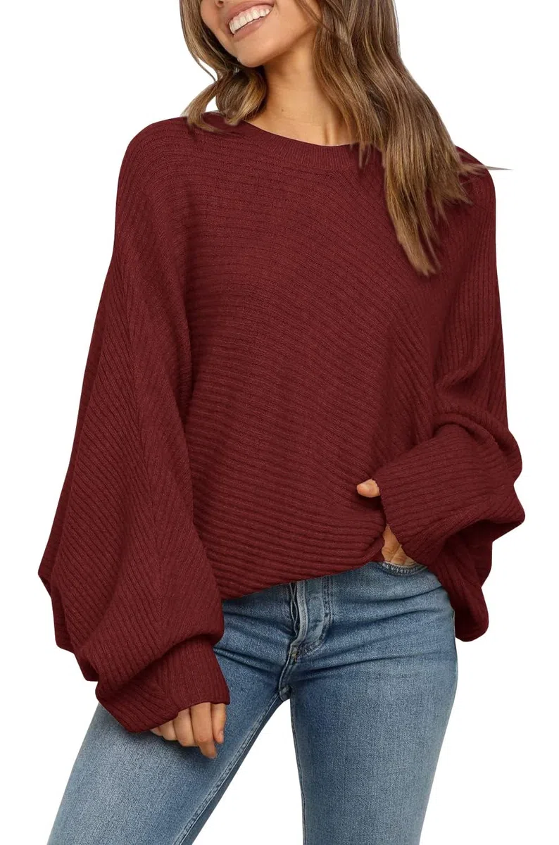 Fessceruna Maglione da Donna Oversize con Maniche a Pipistrello Lavorato a Maglia Invernale con Collo Rotondo Felpa a Coste