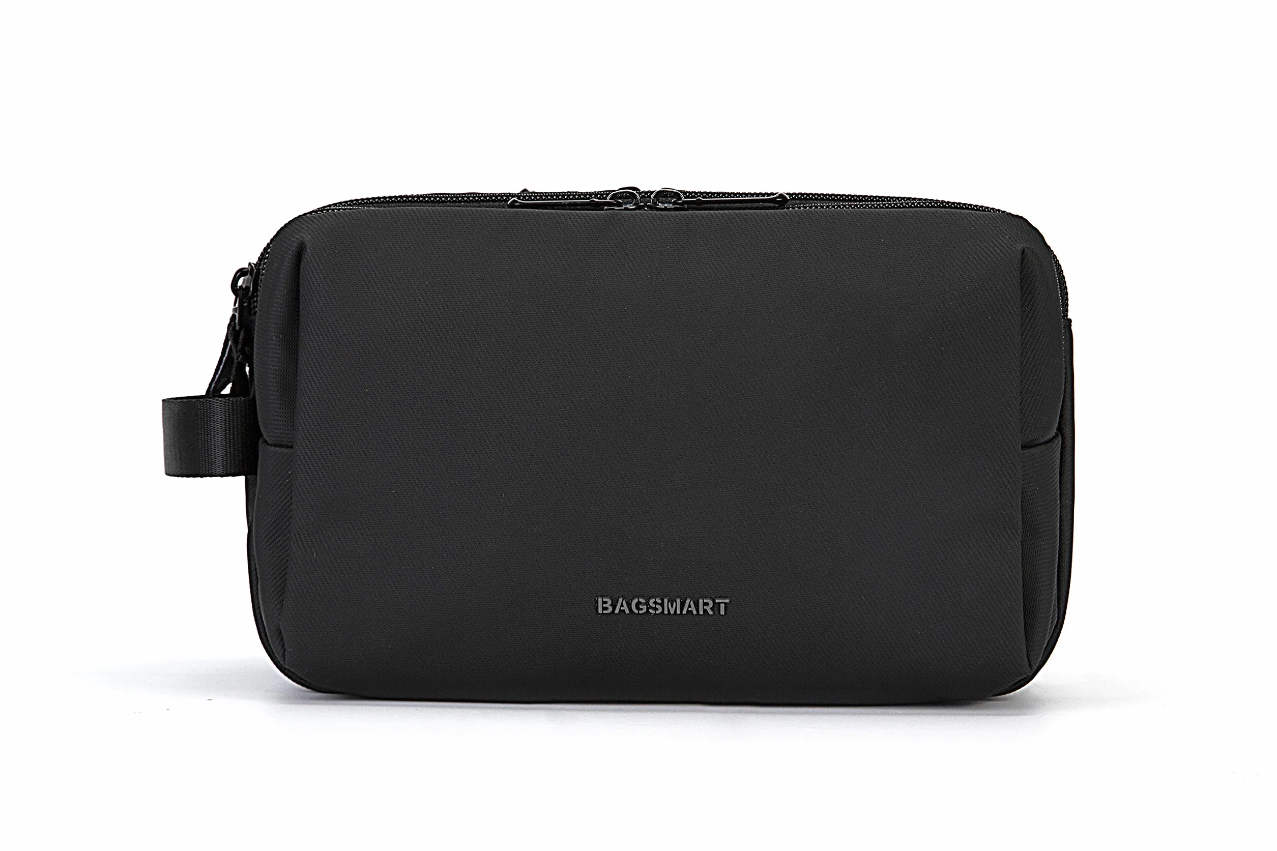 BAGSMART Beauty Case da Viaggio Uomo Donna, Borsa da Toilette con Doppia Apertura A Cerniera, Borsa per Cosmetici, 5 L, Pellicola in Pelle Nera