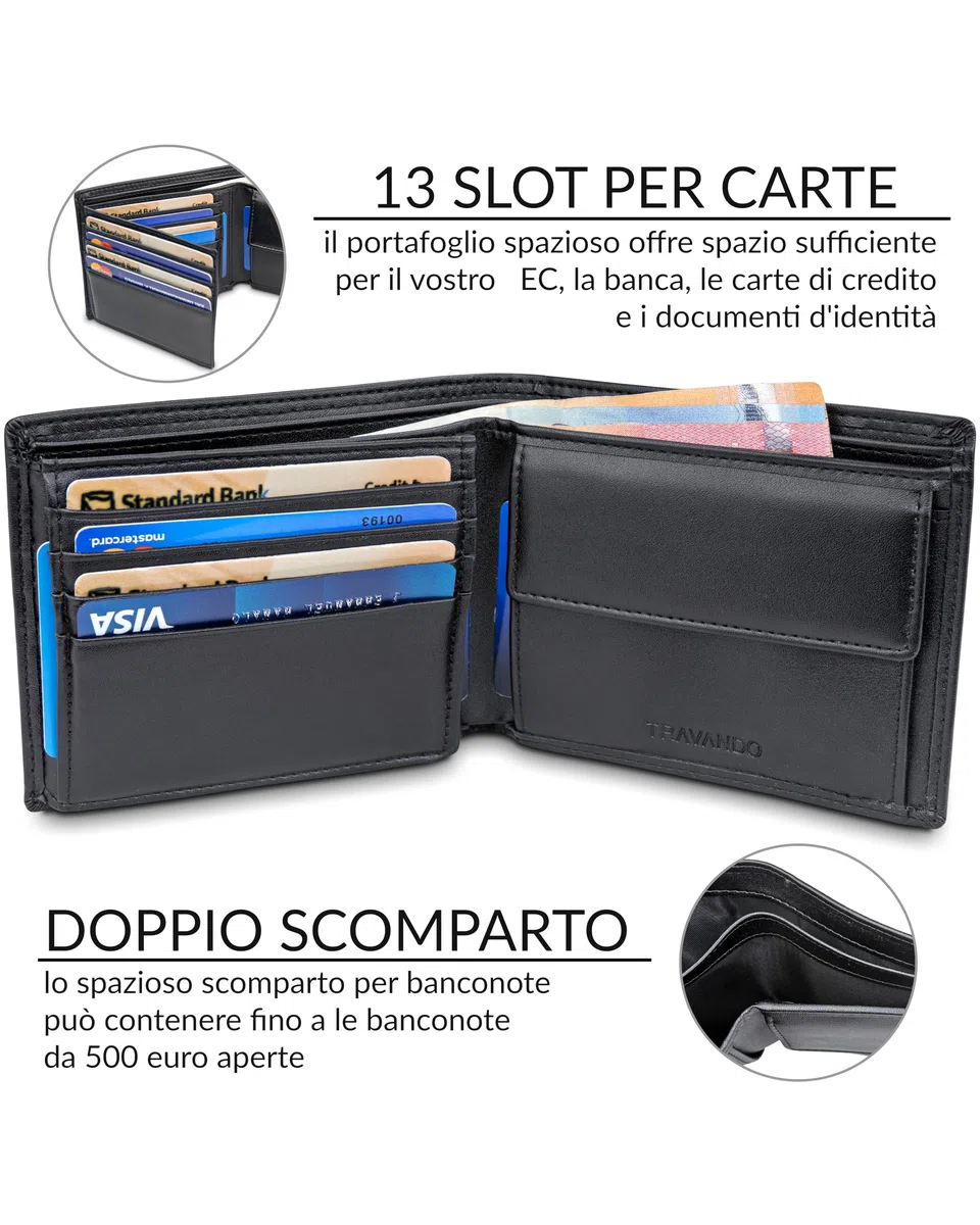 TRAVANDO Portafoglio Uomo Grande OSLO con protezione RFID Porta Carte di Credito nero con Portamonete Borsellino Portafogli in formato Verticale Porta Banconote Wallet Porta monete Regalo