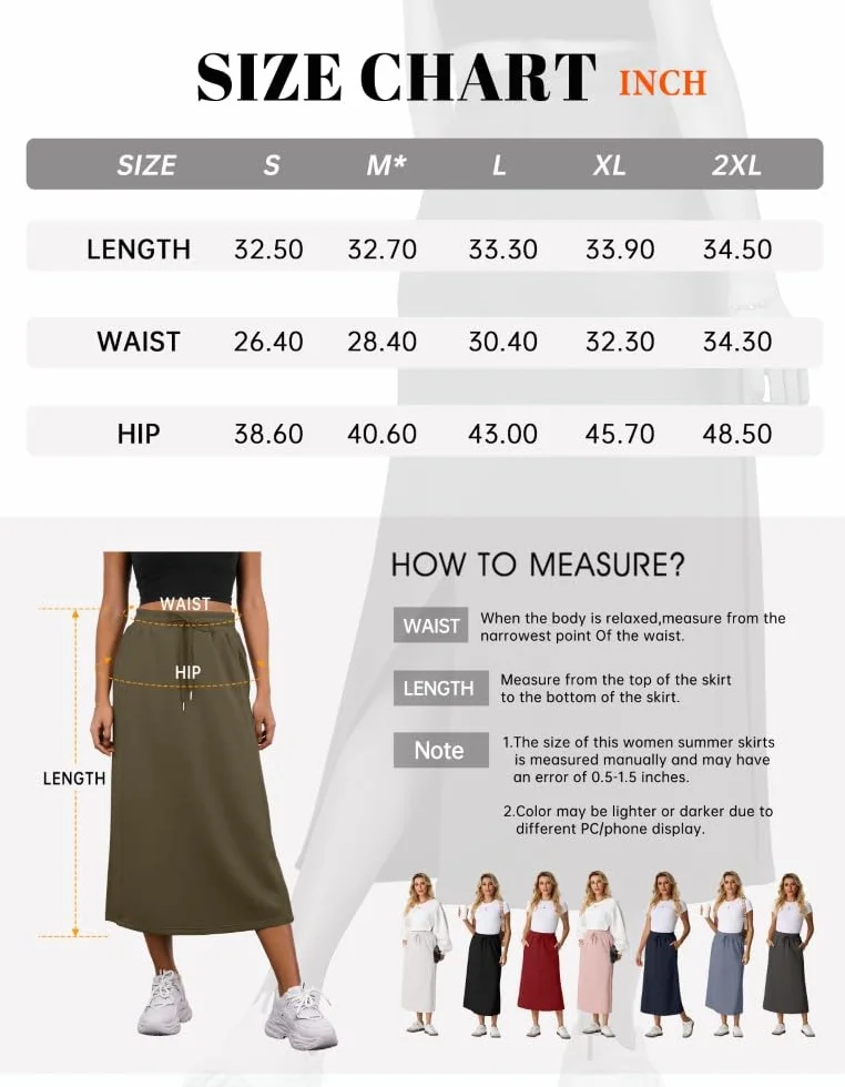PrinStory Gonne midi estive in vita elastica regolabile con coulisse gonne con tasche