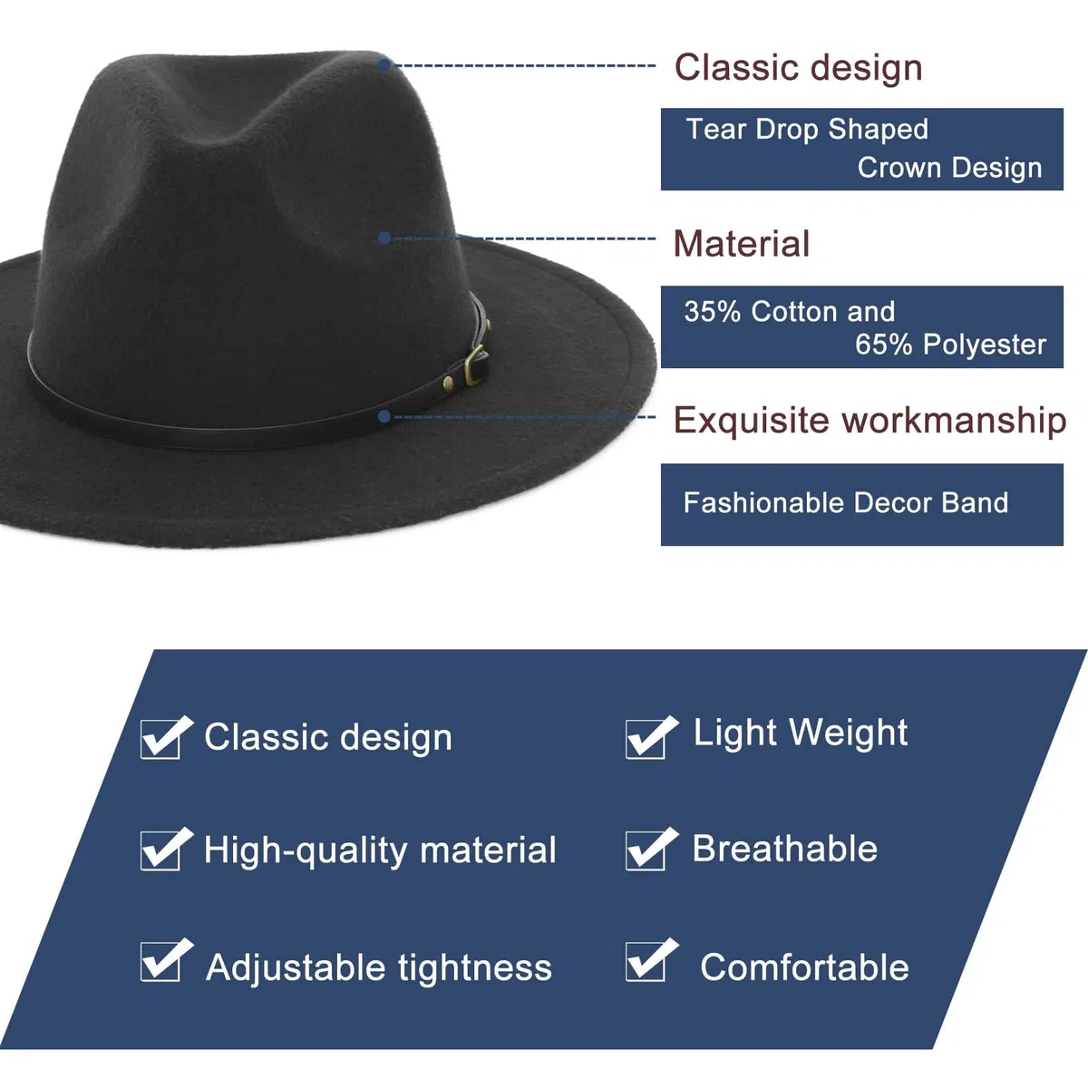 EOZY Cappello Fedora classico da uomo a tesa larga in feltro Panama Fedora Cappelli Gentleman Jazz Hat per Beach Party Outdoor