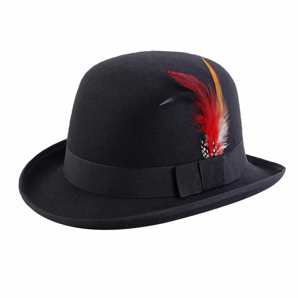 Cappello a bombetta in feltro duro con piuma foderata in raso, per uomo e donna