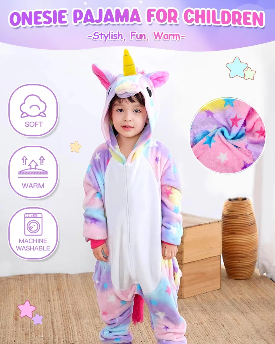 GEEKEO Unicorno Pigiama Intero - Pigiameria Onesie Bambini Cosplay Cartone Animato Animale con Cappuccio Festivo Tutine Bambina & Ragazza Intero Pigiama per Halloween Festa Carnevale