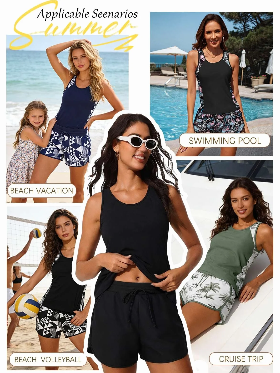 Yutdeng Costume da Bagno a Due Pezzi Tankini Donna Mare Blouson Top da Bagno Push Up e Pantaloncini a Vita Alta con Coulisse Tasche retrò Fiore Stampa Costumi da Mare Spiaggia Piscina