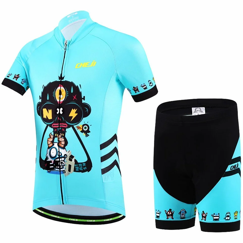 Completo da ciclismo, unisex, per bambini, composto da maglia a maniche corte + pantaloncini imbottiti)