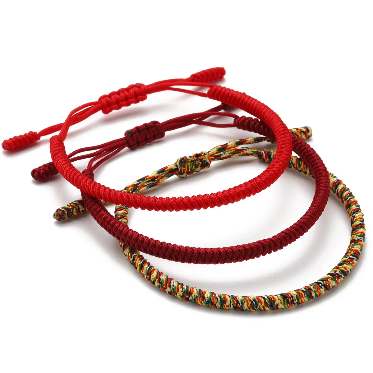 LUCKY BUDDHIST 3 Bracciali Tibetani Buddisti Regolabili – Bracciali in Corda Intrecciata per Uomo e Donna – Include Portachiavi Buddha in Legno