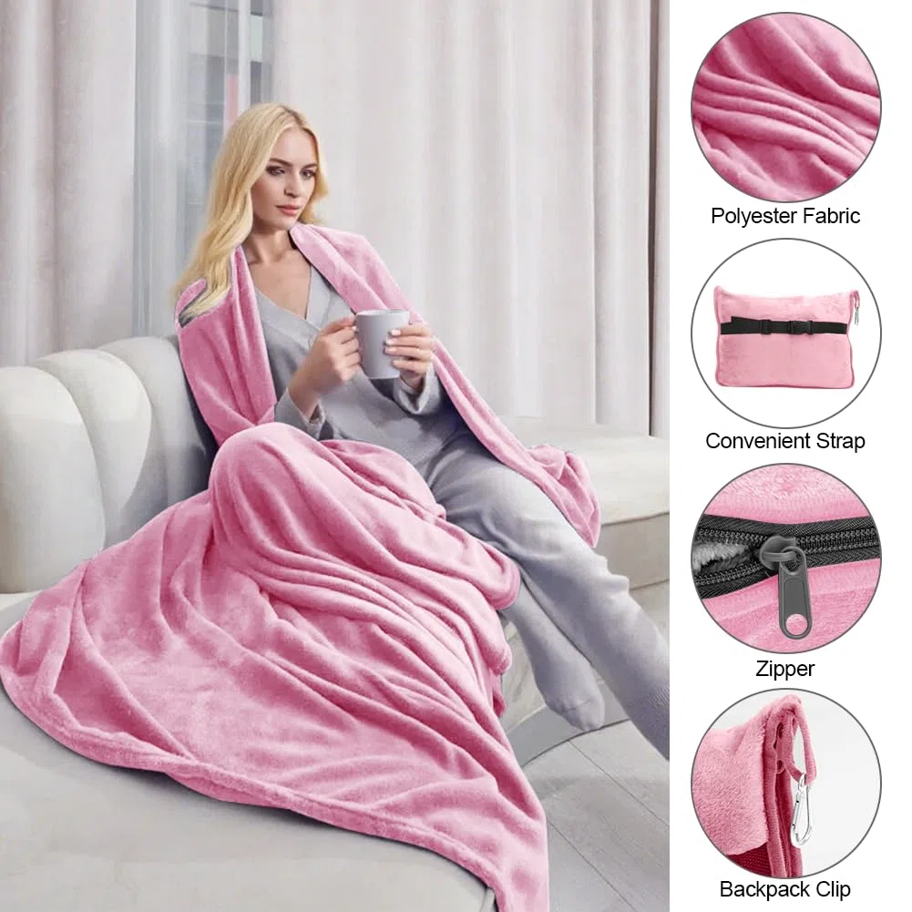 Coperta da Viaggio 2 in 1, 127 x 152 cm Coperta con Cuscino, Coperta Calda, Ultraleggera per Vacanze, Ufficio, casa, Viaggi d'Affari (Rosa)