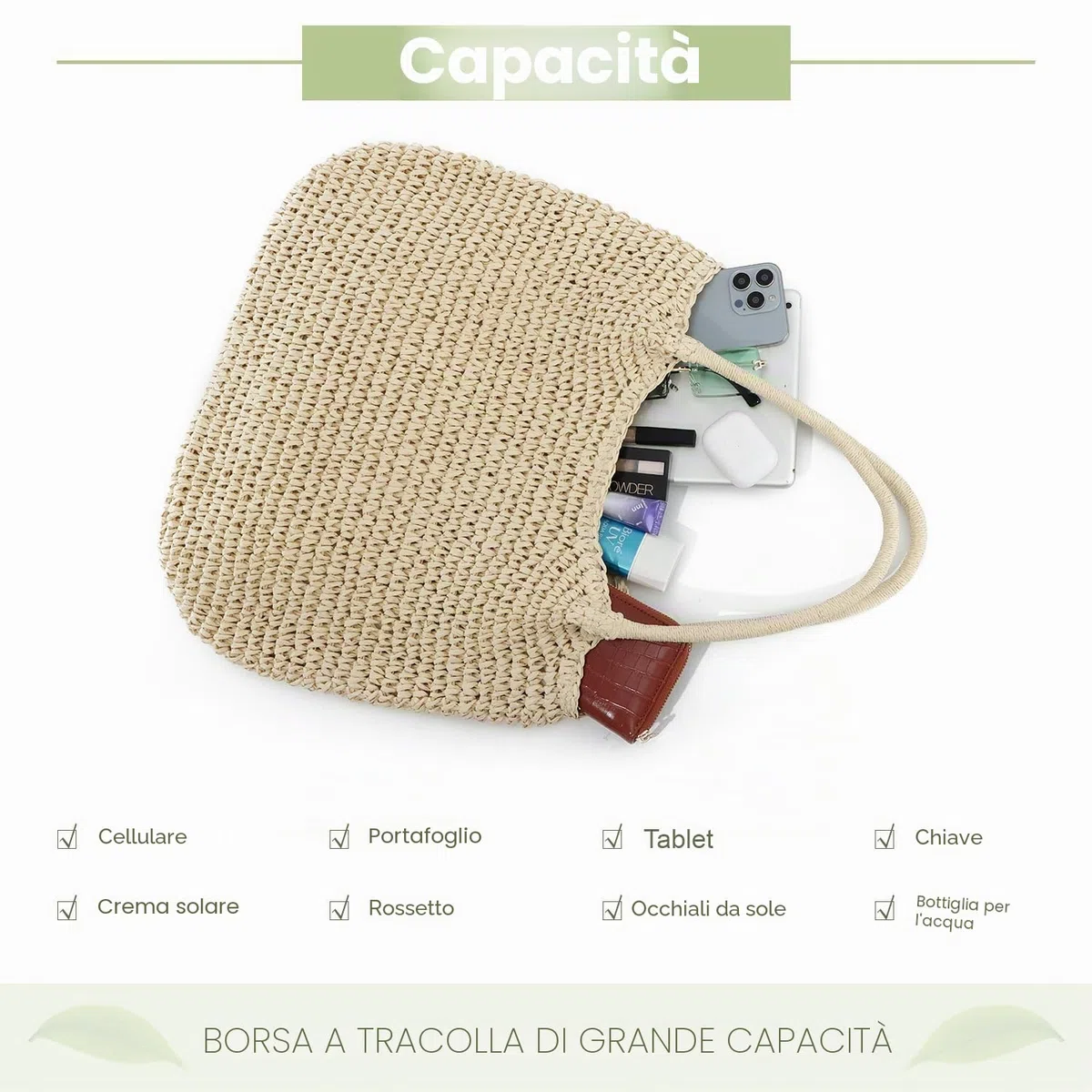 SUKUTU Grande borsa di paglia intrecciata da spiaggia Borsa estiva da donna Borsa a tracolla da donna