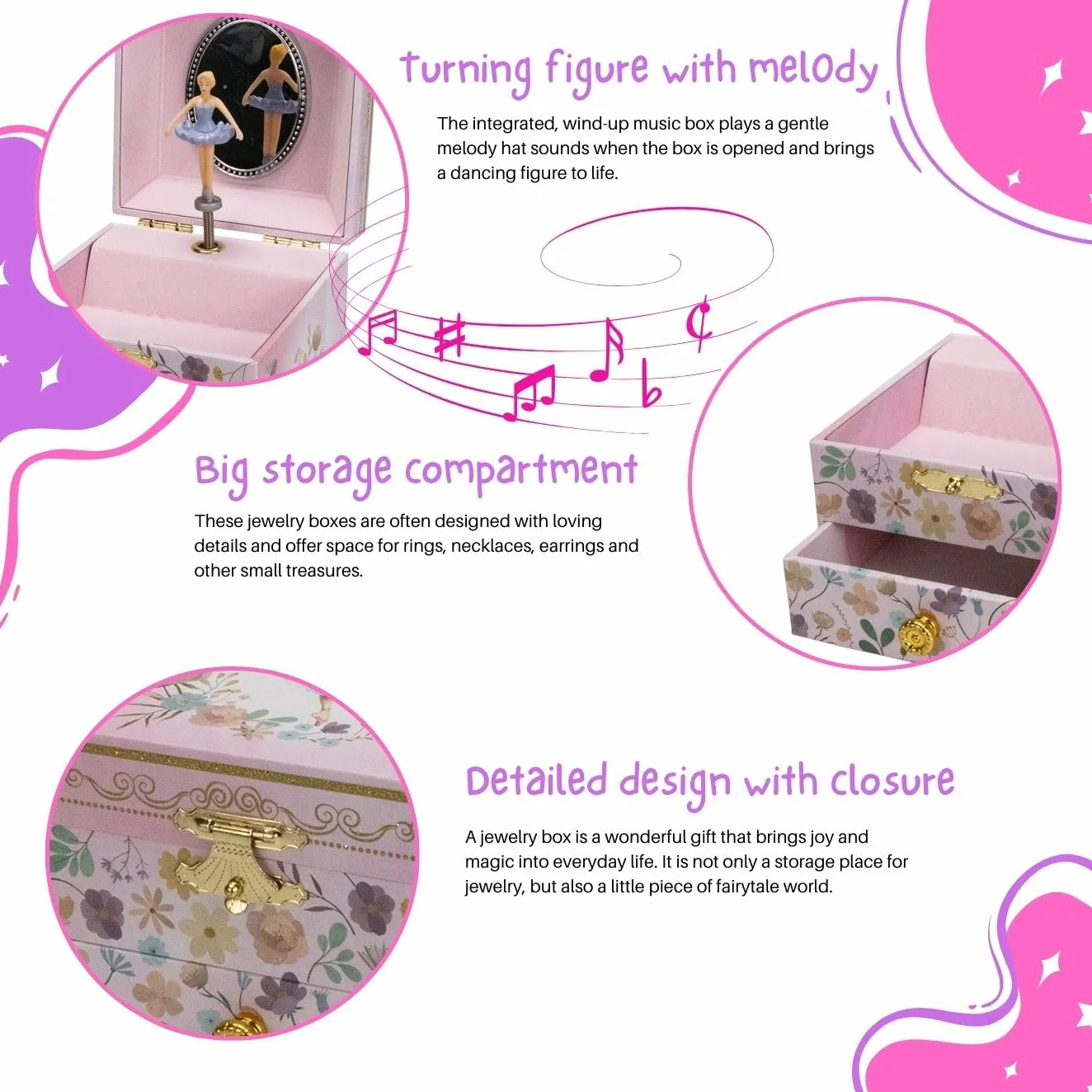 GICO - Portagioie ballerina con cassetto per ragazze, carillon con musica, figura rotante e specchio, regalo di compleanno, scatola portagioie per bambini - 92071
