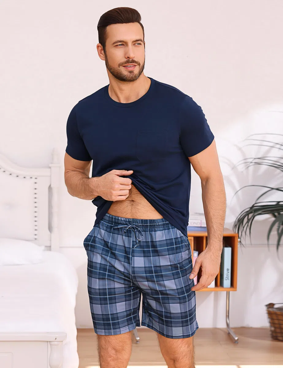 Bresdk Pigiama Uomo Estivo Corto Cotone Set 2 Pezzi Maniche Corte + Shorts Loungewear Leggero Traspirante Casa Notte