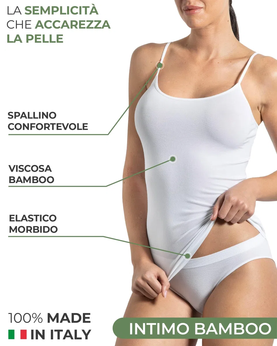 Risalti Canotta Donna Spalla Stretta Bamboo 2 pz - Canottiera Donna Elegante Elasticizzata, Top Intimo Senza Cuciture ed Etichette più Morbido delle Canottiere Cotone, Caraco - Made in Italy