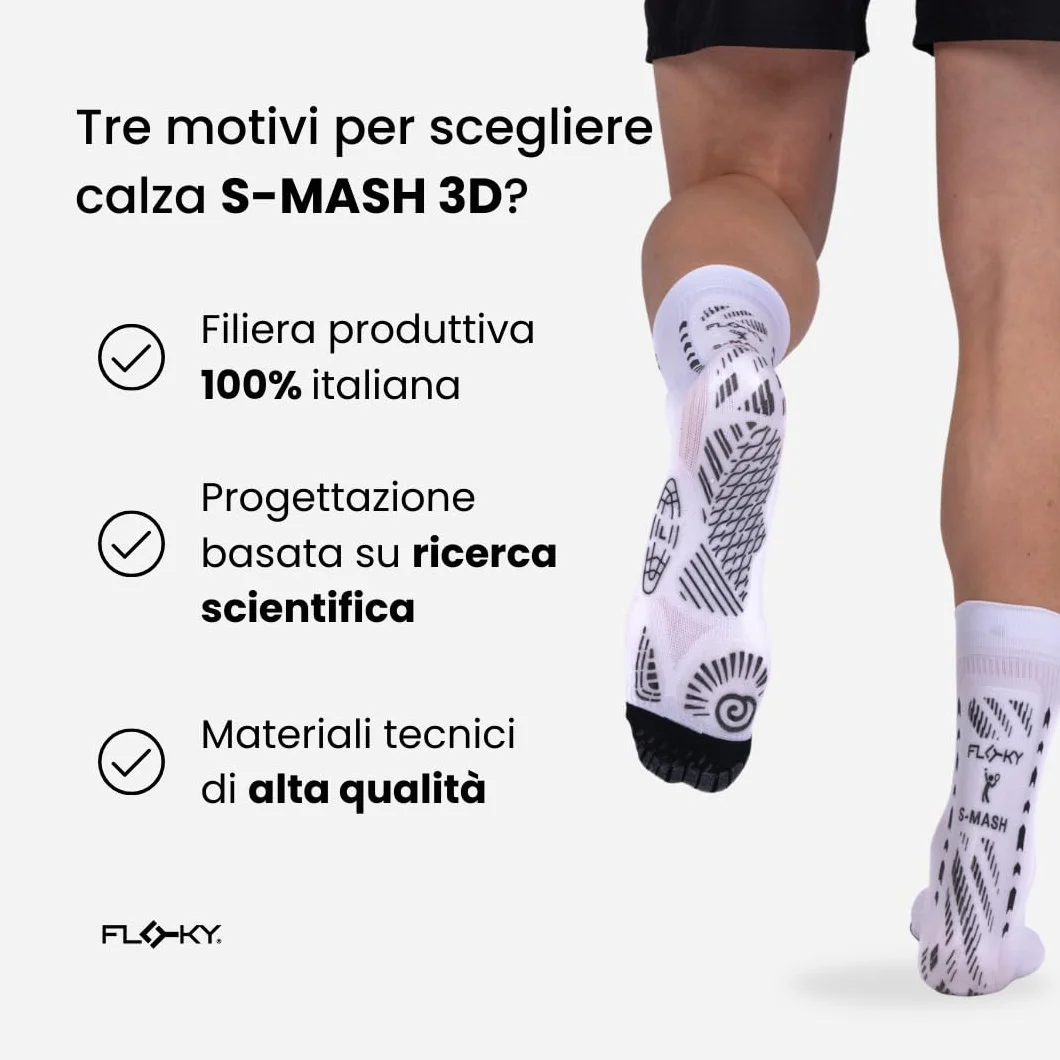 FLOKY S-Mash 3D calze padel biomeccaniche. Calza tennis e padel, antiscivolo. Caviglia stabilizzata, protezione tendine d'Achille, supporto plantare per comfort e recupero.