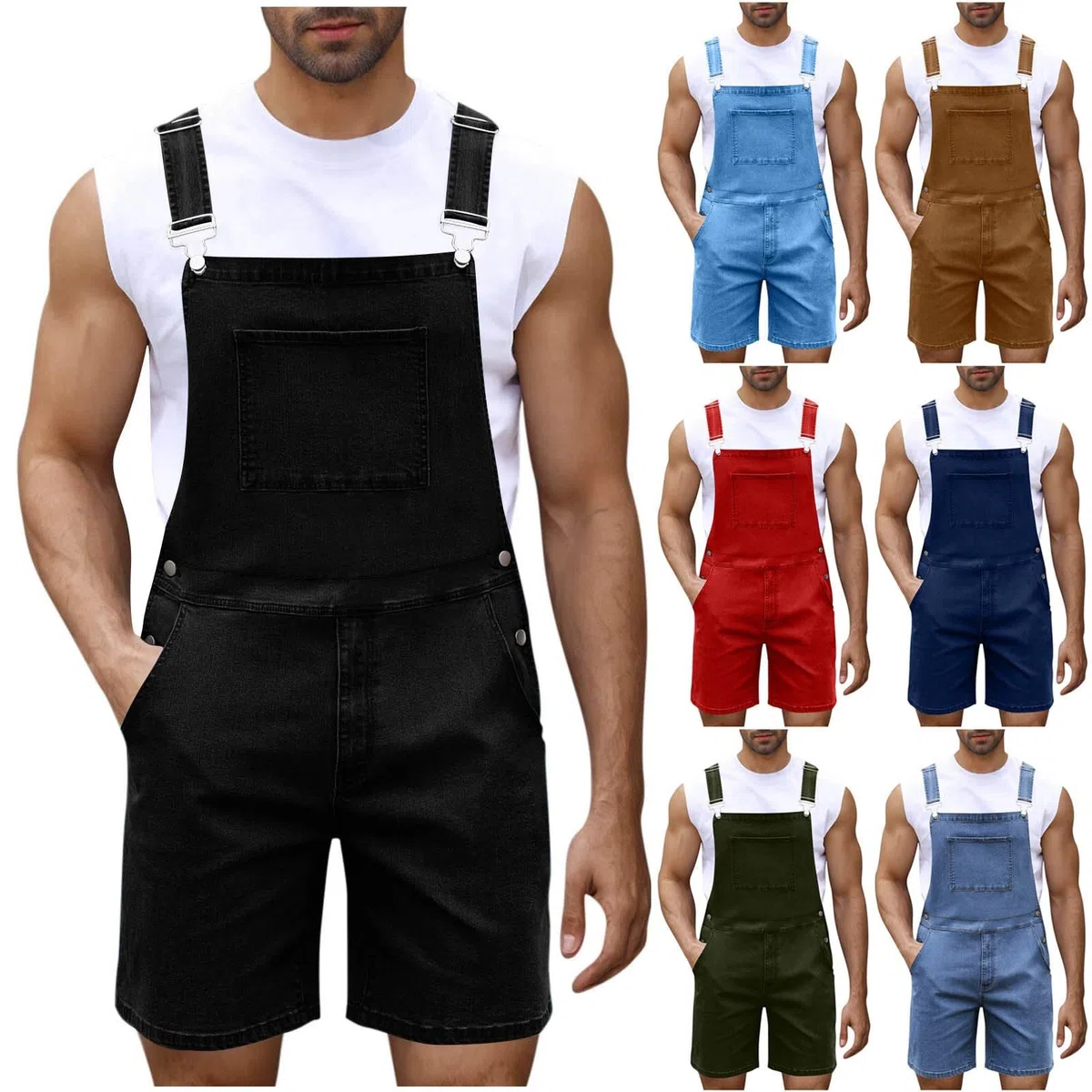 Salopette corte da uomo in denim, pantaloni cargo, pantaloni in jeans, pantaloni da lavoro, pantaloni da lavoro, vestibilità larga, in denim, tuta estiva