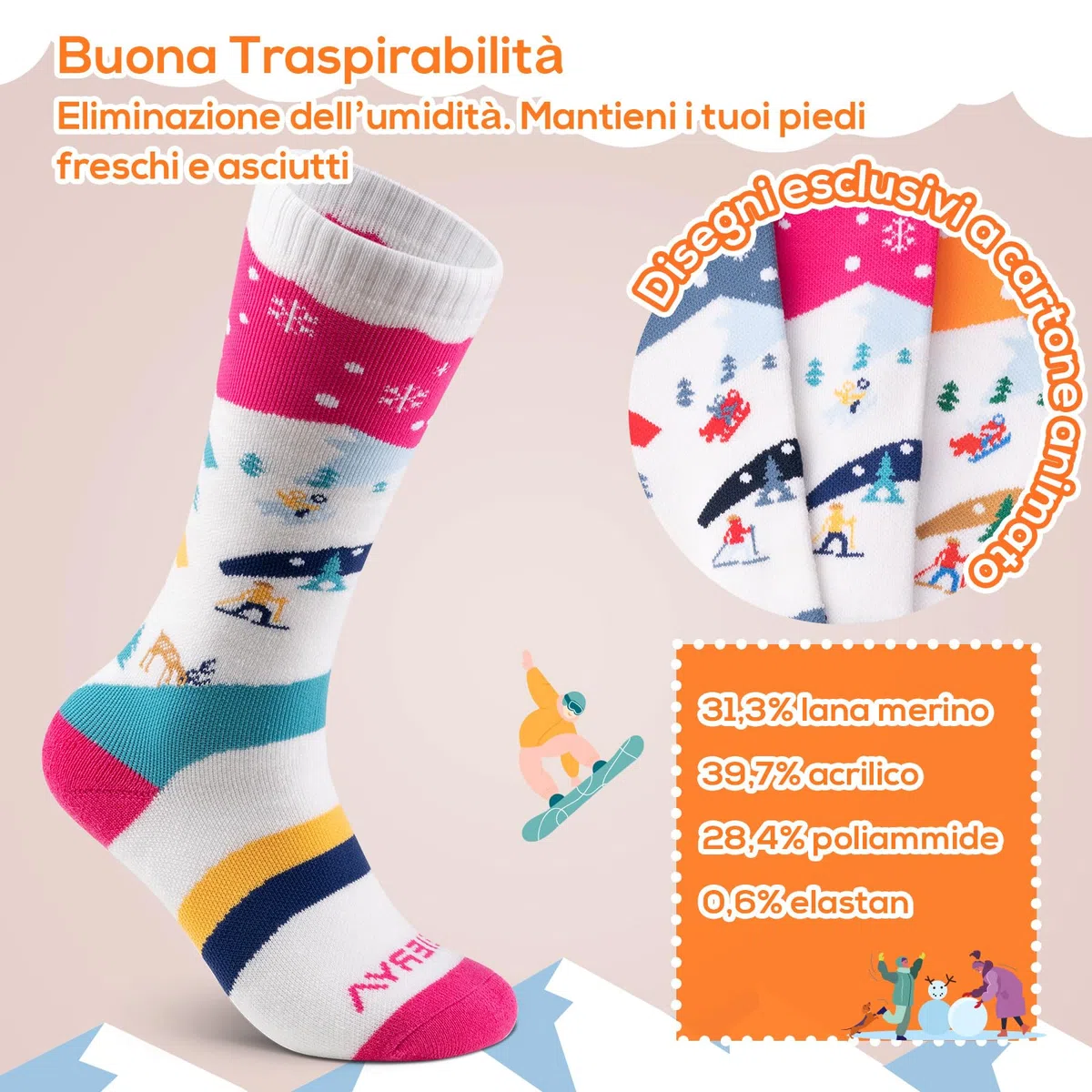 Calzini da sci in lana per bambini, calzini termici da neve, sci snowboard, per bambini e ragazze, 3 Paia