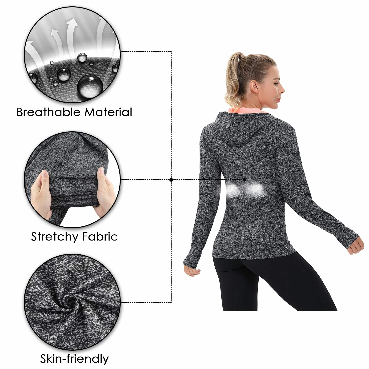 AMZSPORT Donna Felpa Sportiva Giacca da Running a Manica Lunga con Cappuccio con Tasche