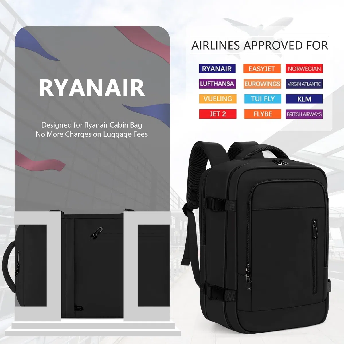 OTAHGK Bagaglio a Mano 40 × 20 × 25 per Ryanair, Zaino da Viaggio Sotto il Sedile Aereo Borsa da Cabina Voli Zaini Casual Valigia Ufficio Scolastico Lavoro Borse Adatto a Laptop da 14 pollici-Nero