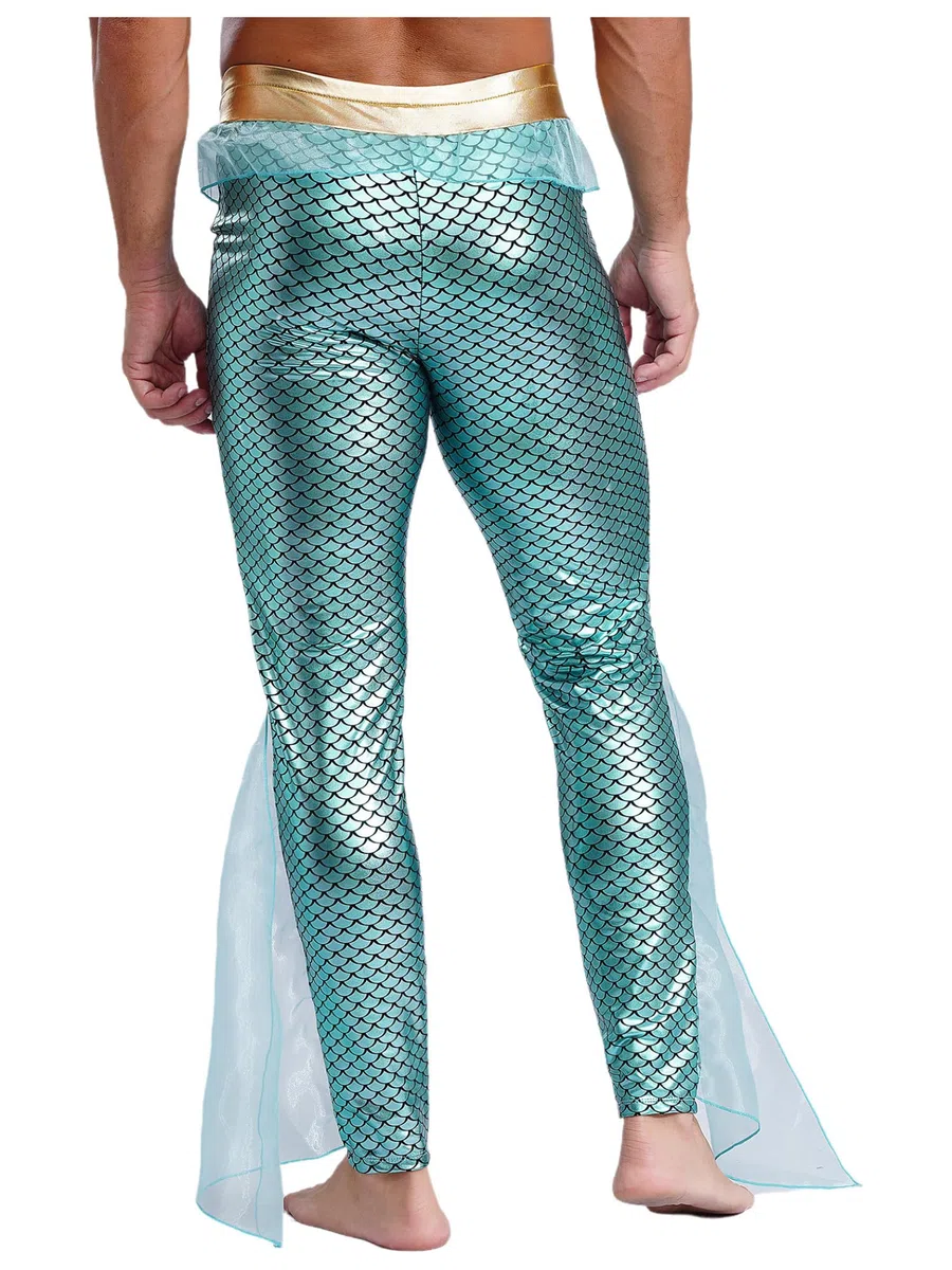 Costume Sirena Uomo con Stampa Squame Pesce Pantaloni Metallici Leggings Lucenti Pantaloni Ballo Costume Cosplay Carnevale E Fasching