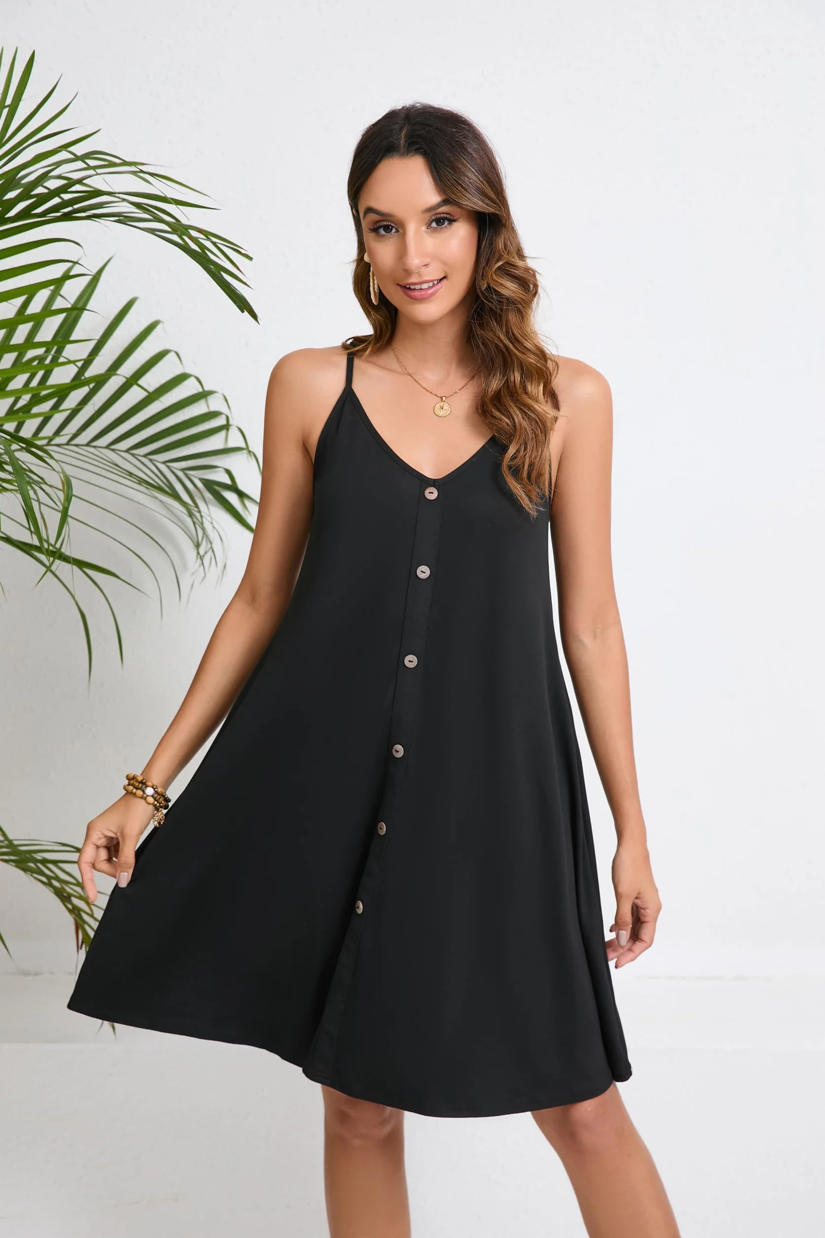 Enmain Abito Estivo da Donna Casual Floreale Cinturino per Spaghetti Senza Maniche Abiti Estivi Vestito Scollo a V con Tasche per Spiaggia Hawaii S-XXL