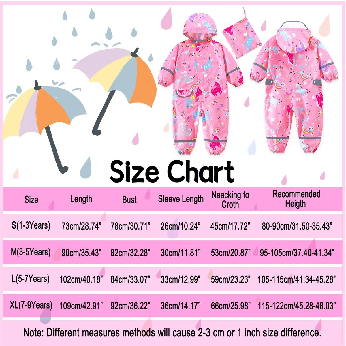 Impermeabile Pioggia Bambini Tutto in Uno Tuta con Cappuccio Unicorno Dinosauro Bambino Antipioggia Giacca Tuta Portatile l'asilo Sportivo Jogging Unisex Pozzanghere Impermeabili 1-9 Anni