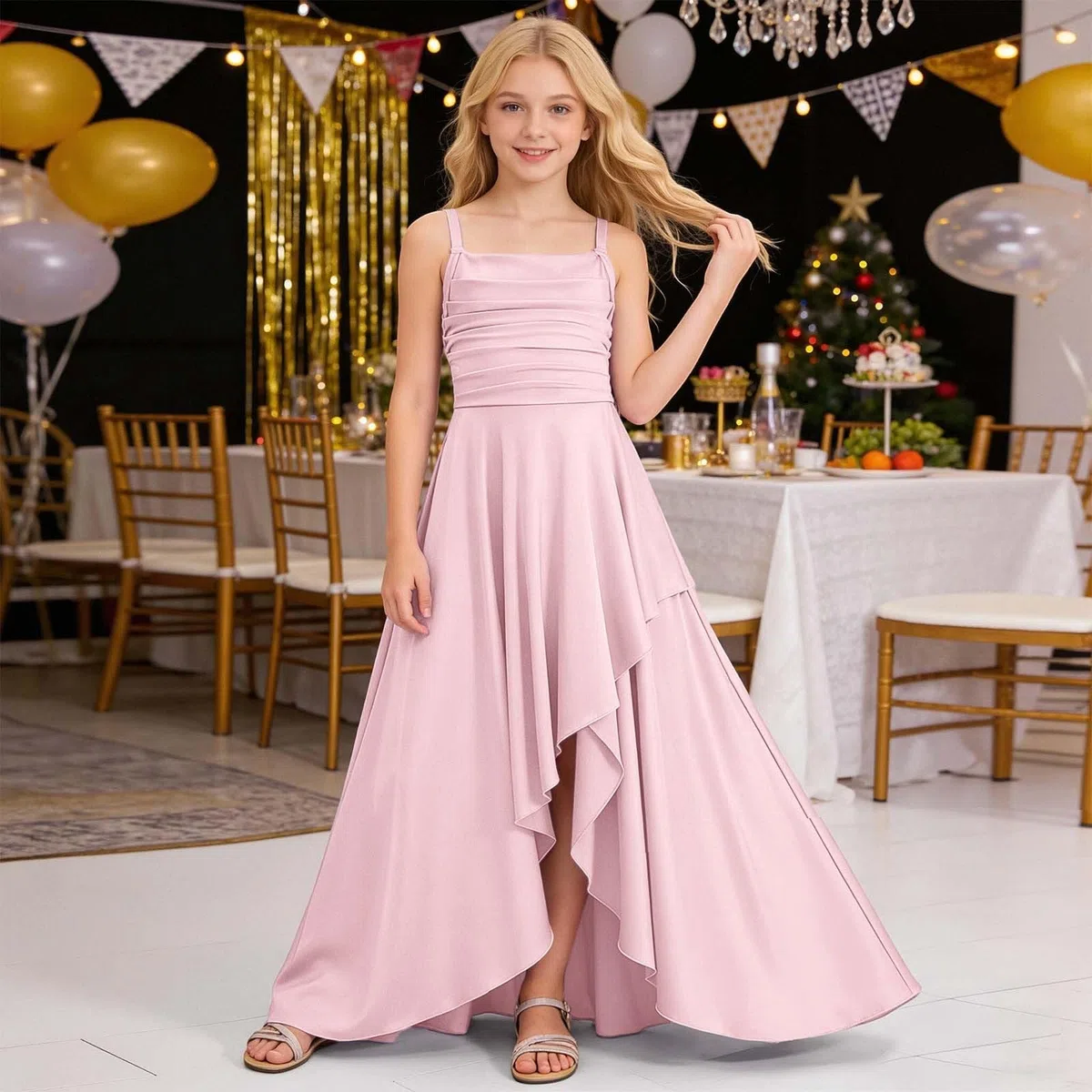 Generico Abito da Damigella d'Onore per Ragazze Lungo Increspato Linea ad A Maxi Abito in Raso per Adolescenti Abito Formale da Sposa per Feste serali