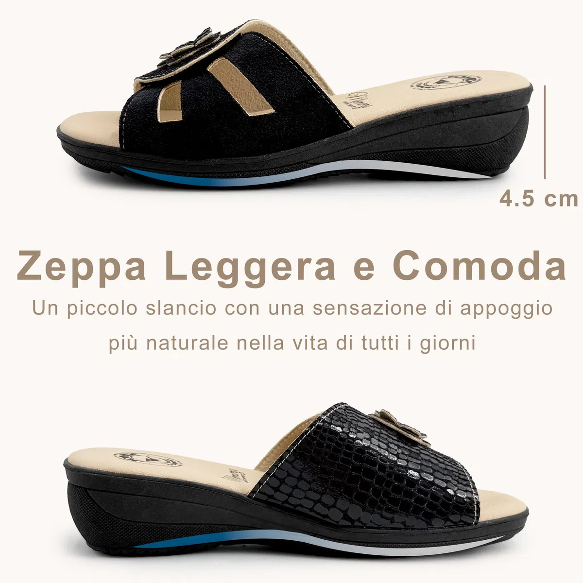 JOMIX Ciabatte Donna Estive con Zeppa 4,8 cm Pantofole da Casa con Strappo Comfort Memory Made in Italy Fascia Regolabile Suola Antiscivolo Punta Aperta Eleganti con Fiore