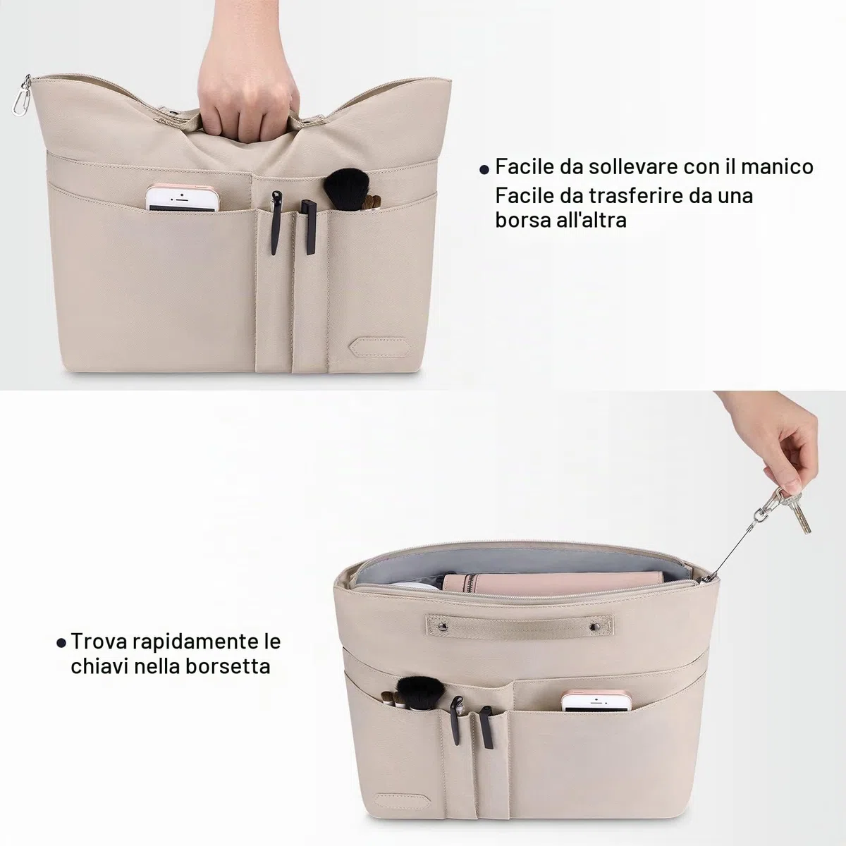HyFanStr Organizer da Borsa Donna, Poliestere impermeabile Organizzatore Interno Purse, Organizer Borse con tasca con Chiusura Cerniera e Portachiavi Beige (M)