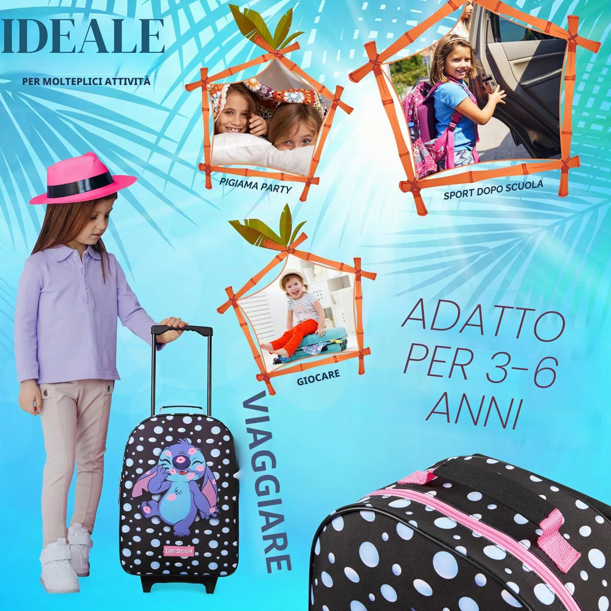 Disney Trolley Bambina Valigia Trolley Minnie Stitch Frozen Valigia per Bambini da Viaggio Bagaglio a Mano Cabin Bag 2 Ruote Accessori Minnie Elsa Stitch Gadget (Nero Stitch)