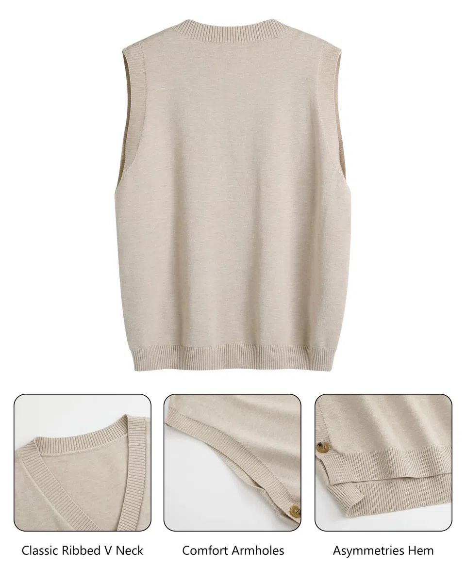 Maglione da donna con scollo a V, senza maniche, maglione, lavorato a maglia, con bottoni laterali, asimmetrie, canotte a costine