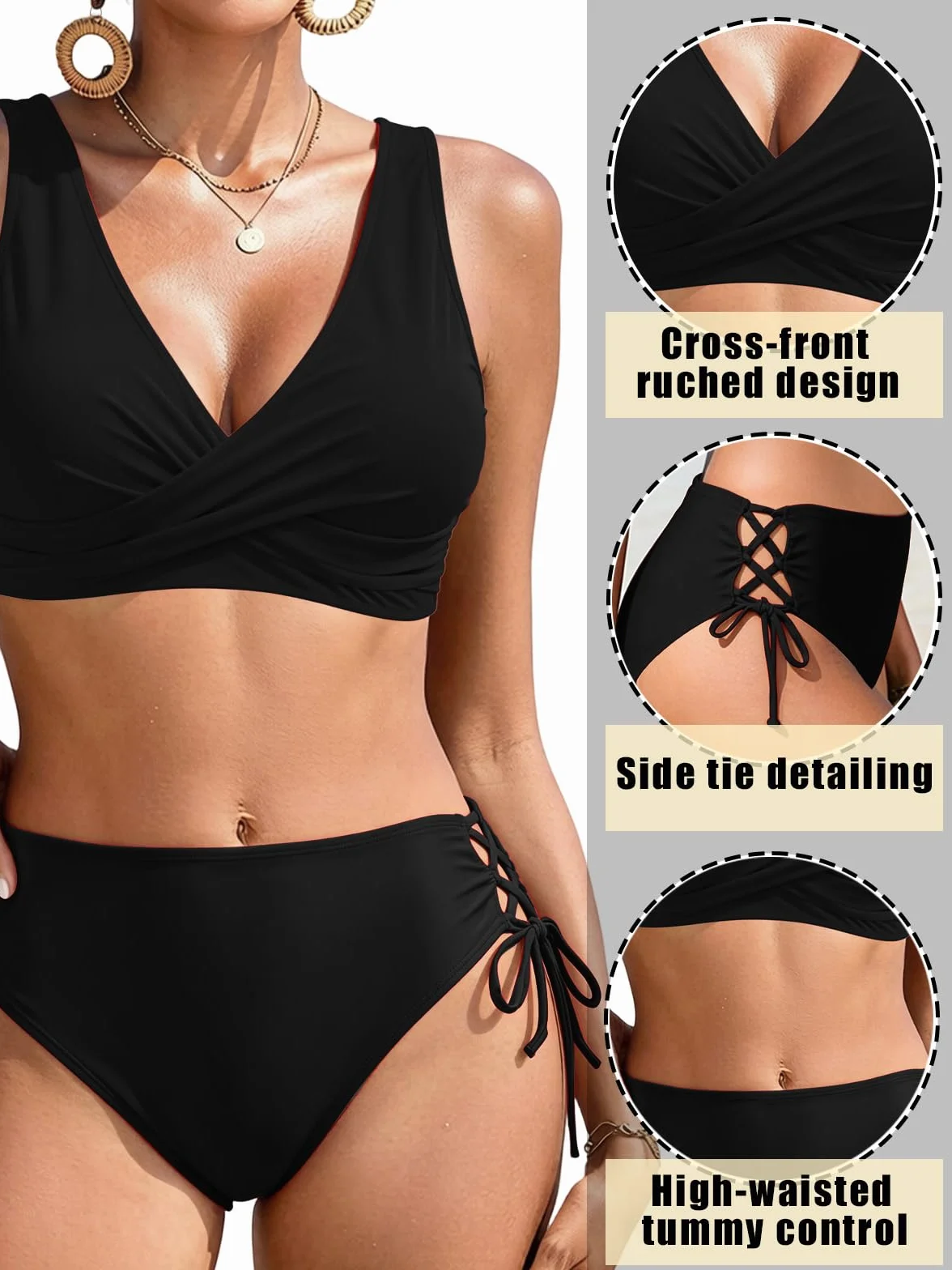 Costumi da Bagno Donna a Vita Alta Due Pezzi Bikini Set in Due Pezzi a Push Up Imbottito Reggiseno Tummy Control con Cinturino Laterale Beachwear Swimwear