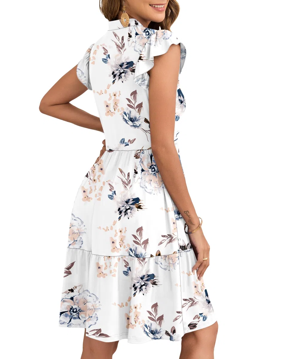 AUSELILY Vestito Donna Estivo con Scollo a V Maniche a Volant Mini Abito Vita Elastica Vestiti Casual con Tasche