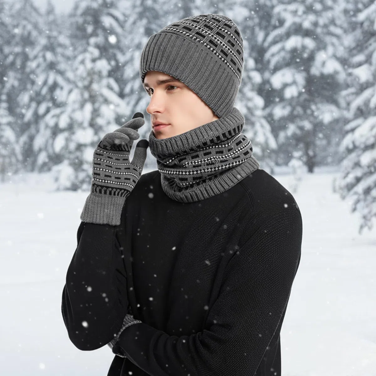 Cappello Sciarpa e Guanti Set Guanti da Uomo Touch Screen Berretto Foderato in Pile Elasticizzato Cappello Sciarpa Inverno Termico 3 PZ Set Regalo per Uomo