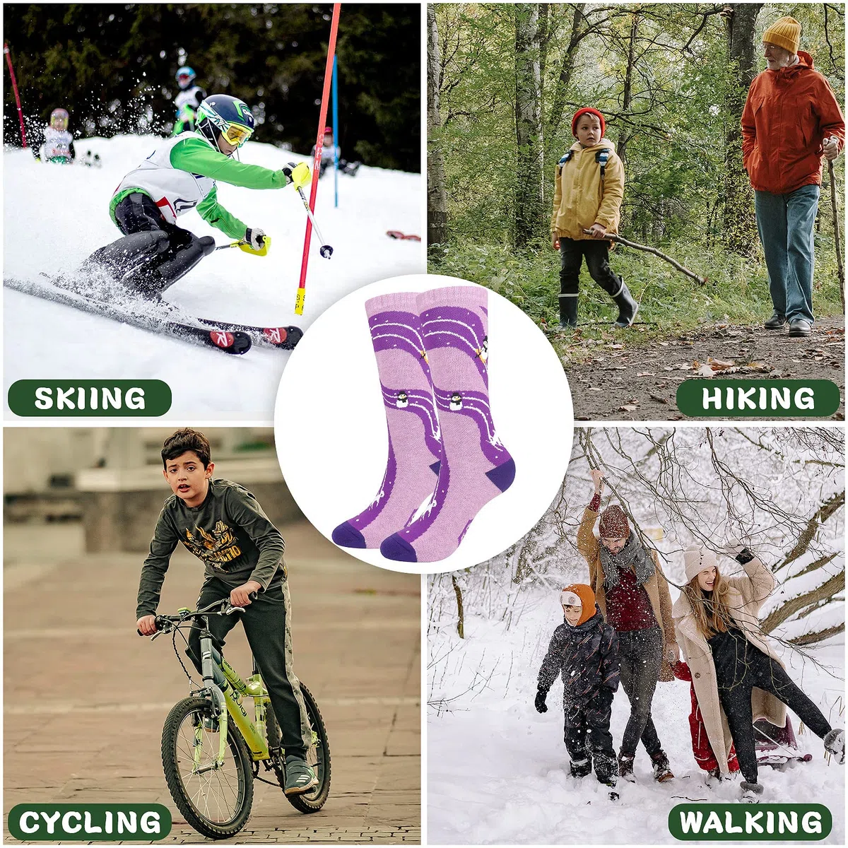 KOOOGEAR 2 paia di calzini da sci per bambini, taglia 38-3, calzini da sci divertenti alti al ginocchio per bambini termici caldi novità per pattinaggio sci snowboard