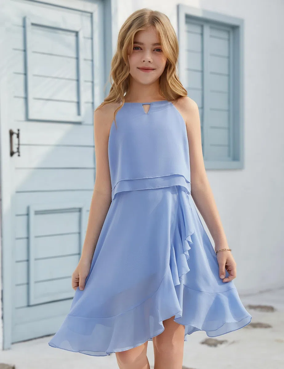 heekpek Abito da Ragazza Senza Maniche Estate Chiffon Vestito Bambina Volant Elegante Abiti da Festa per Ragazza 6-15 Anni