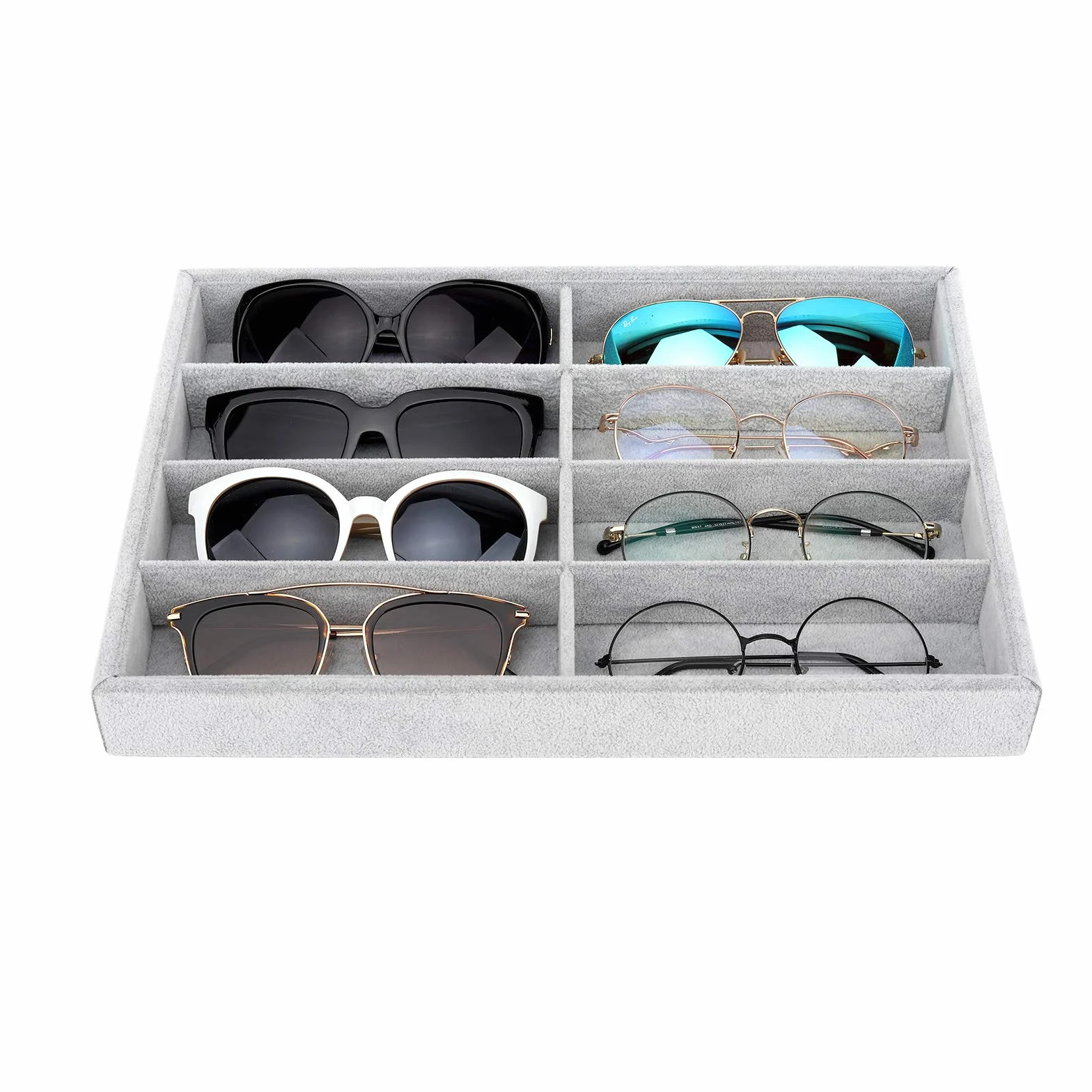 Emibele Scatola per Occhiali con 8 Scomparti, Espositore in Velluto per Occhieli da Sole Supporto Cassetto Organizzatore Vassoio Portagioie con 8 Griglie e Divisori Interni Staccabili - Grigio