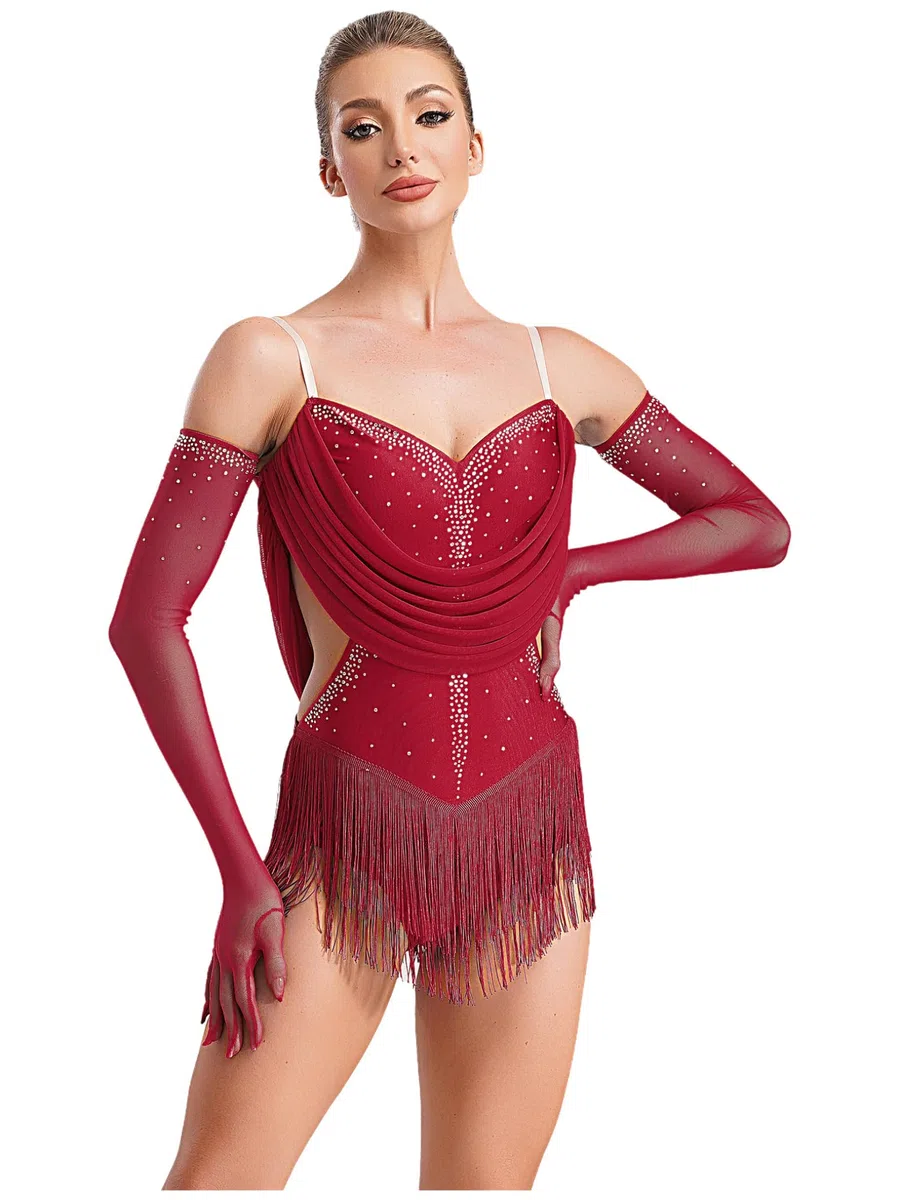 Freebily Abito da Ballo Latino Americano Donna con Nappe Strass Body Danza Classica Moderna con Guanti Balletto Leotards Costume da Danza Samba Rumba Salsa Sala da Ballo